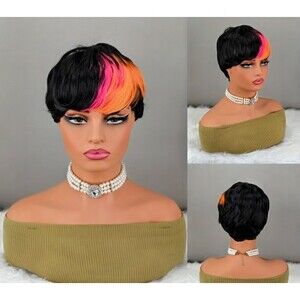 Short Pixie Cut Wig with Pink & Orange Bangs - Synthetic Hair